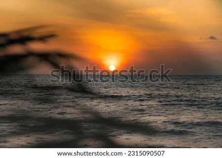 Sun rising over the sea on the sandy tropical beach