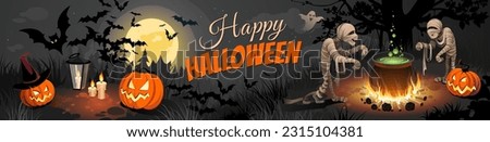Halloween banner with tradition symbols. Pumpkins and mummy on black Moon background, illustration.
