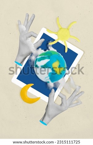Postcard collage photo zone picture of plasticine artwork planet globe sunny weather eco friendly earth day isolated on beige background