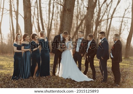 Brides and friends in the nature. Friends at the wedding. Newlywed couple, bridesmaids and groomsmen having fun outdoors Royalty-Free Stock Photo #2315125893