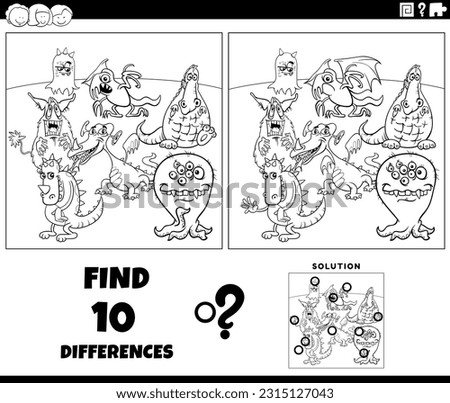Black and white cartoon illustration of finding the differences between pictures educational game with monsters fantasy characters coloring page