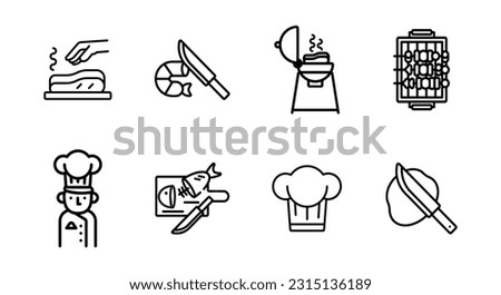 Cooking related line icon set. kitchen utensils linear icons. Cooking recipe outline vector signs and symbols collection. Recipe book, chef hat and cutting board.
