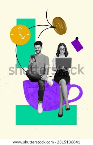 Composite collage picture of two partners working their gadgets spend time receiving online payment bitcoin isolated on beige background