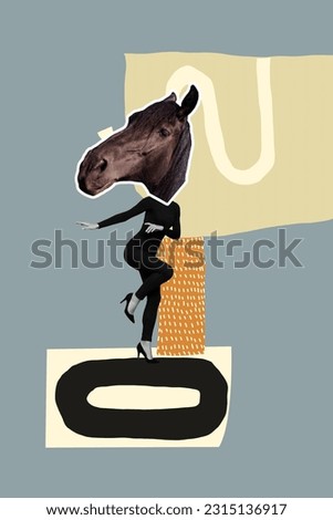 Vertical collage absurd creative bizarre weird woman masquerade dancing headless horse animal shopping isolated on grey background