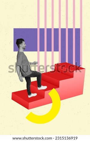Collage photo of leader young positive business progress guy upstairs ladder motivation diagram ambitions isolated on beige background