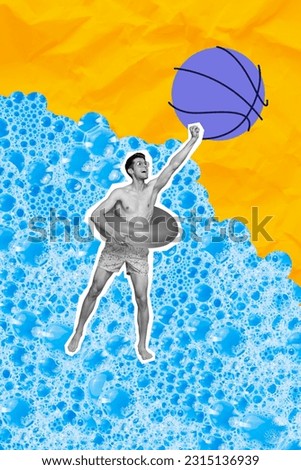 Vertical creative style colorful collage excited carefree guy dude punching basketball ball jumping into bubbles soap ocean sea water