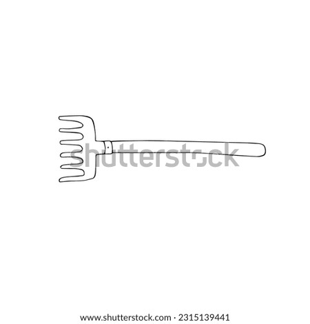Household rake, agricultural tool , black and white linear drawing,vector image