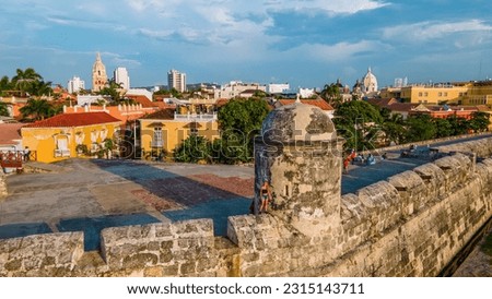 Aerial view of a woman on the city wall in Cartagena, Colombia Royalty-Free Stock Photo #2315143711