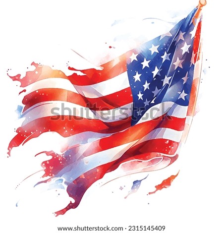 American flag waving fluttering painted with watercolors