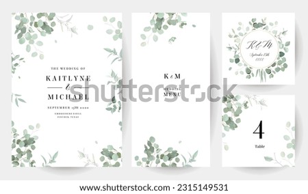 Herbal eucalyptus selection vector frames. Hand painted branches, leaves on white background. Greenery wedding simple minimalist invitations. Watercolor style cards. Elements are isolated and editable