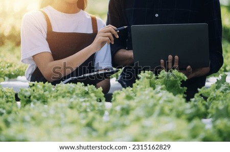 Farmer Plantation checking quality by tablet agriculture modern technology Concept. Smart farming, using modern technologies in agriculture. Man agronomist farmer with digital tablet computer.