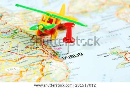 Dublin Ireland  ,United Kingdom  map airplane   and  pin - Travel concept