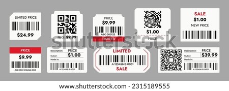 Prices with barcodes. Sticker barcodes system for sale item, row labels with codes and QR code, grocery store product price mark. Vector shopping concept. Goods identification labeling