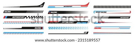 Sport racing stripes. Turbo power, speed and drift vinyl decal for car bike and truck. Vector race car stickers isolated set. Vehicle red and blue tuning, motor transport modification