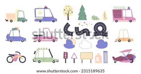 Cute road and transport collection. Cartoon vehicle transport icons bus car truck with traffic signs trees bushes, cartoon autotransport in flat style. Vector isolated set. Ambulance and fire truck Royalty-Free Stock Photo #2315189635