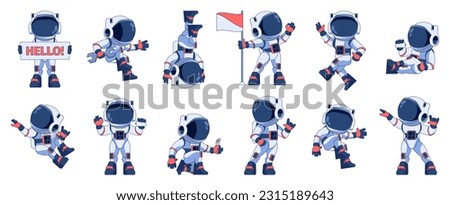 Astronaut character set. Cartoon space explorers in different poses, cosmic spacemen in suits and helmets, astronaut characters in spacesuits. Vector set. Human in different positions Royalty-Free Stock Photo #2315189643