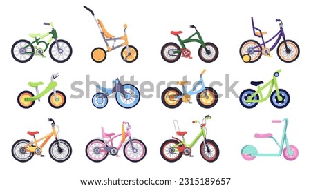 Cartoon kids bicycle. Colorful teen and child cycle, boy and girl bike with basket, different types of colorful bicycle transport. Vector isolated set. Female and male vehicle for cycling