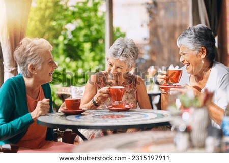 Coffee shop, funny and senior women talking, laughing and having friends reunion, retirement chat or social group. Restaurant, tea and elderly people in happy conversation for pension or cafe cafe Royalty-Free Stock Photo #2315197911