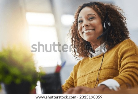 Young african woman, call center agent or listen on voip headset with mockup space, lens flare or contact. Girl, customer service or tech support crm with smile, headphones or microphone at help desk Royalty-Free Stock Photo #2315198359