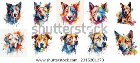 Set of watercolor dog faces, colorfull dog portrait isolated on white background. dog paint splash icons. set of colorfull paint splash dogs. 