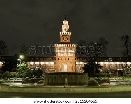 Castle Castello Sforzesco at night, Milan, Italy
