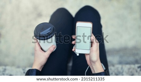 Top view mockup, hands and phone screen with coffee in city, internet scroll and social media outdoor. Cellphone, space and hand of woman with marketing, advertising or commercial promotion in street