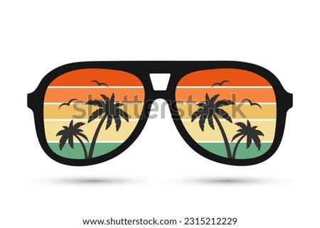 Seascape with palm trees in sunglasses. Summer illustration, clip art, vector