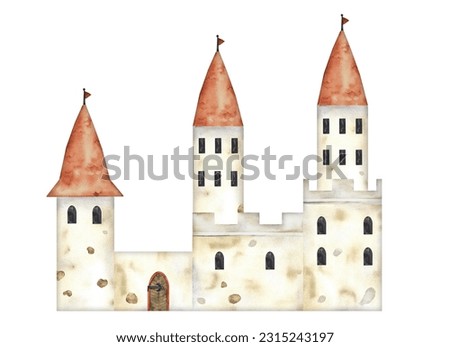 Medieval childish castle watercolor hand drawn illustration. Paint drawing fairy tail antique building with towers, flags, windows and gate isolated. Watercolor illustration