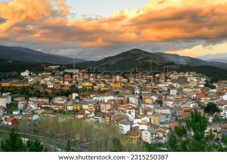 sunset over Pinofranqueado in the region of Las Hurdes. Royalty-Free Stock Photo #2315250387