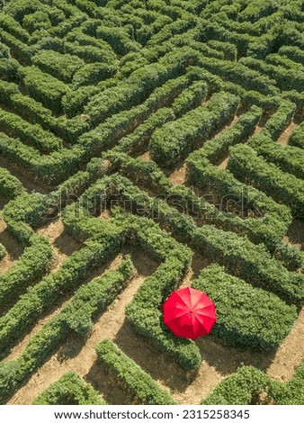 A person with red umbrella in a maze  Royalty-Free Stock Photo #2315258345