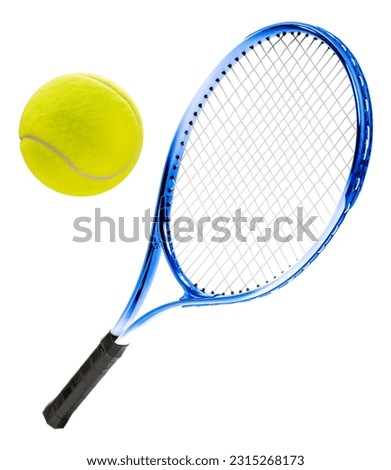Blue Tennis racket and Yellow Tennis ball sports equipment isolated on white With work path. Royalty-Free Stock Photo #2315268173