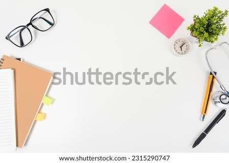 Styled stock photography white office desk table Top view with copy space. Flat lay.