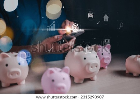 piggy bank, financial, banking, finance, investment, profit, money, wealth, asset, currency. touching at smartphone for checking to my asset of my investment and take benefit. financial finance wealth