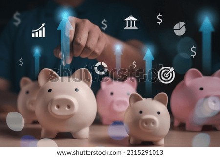 piggy bank, financial, banking, finance, investment, currency, profit, money, wealth, asset. insert coin into piggy bank and investment hud is showing. financial and banking invest for change to asset