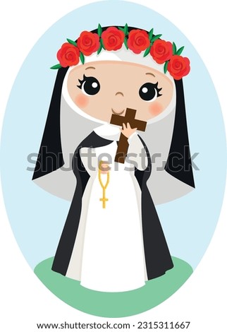 Illustration of Santa Rosa de Lima with cross and rosary, drawing for children, beautiful, with background Royalty-Free Stock Photo #2315311667