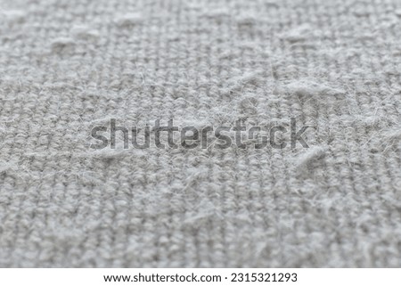 Dirty old rug or carpet with cat scratching, pet hair, human hair and lots of dust on it. Pulled rug threads background.  Photo can be used for the concept of how to clean and repair the carpet. 