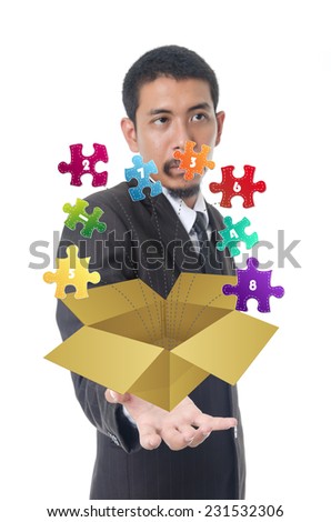 Businessman Holding Progress Jigsaw Puzzle Icons in Box for Eight Steps, For Business and Technology Concept,