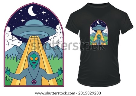 Satanic alien welcoming with scape ship in background. Funny vector illustration for tshirt, hoodie, website, print, application, logo, clip art, poster and print on demand merchandise.