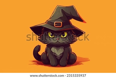 Cute black cat in a witch hat sitting on orange pumpkin