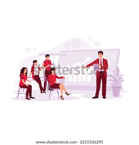 Young manager presenting a project to team employees in a work meeting. Directing and motivating the graph to continue to improve. Trend Modern vector flat illustration.