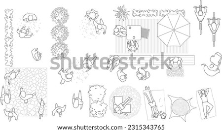 Architectural Drawings, people plan vector in park out door illustration, top view, Minimal style hand drawn, set elements for architecture and landscape design. Sections, Elevations, Floor Plans. Royalty-Free Stock Photo #2315343765
