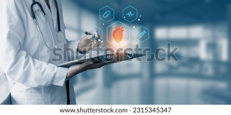 Medicine doctor touching digital healthcare and network connection and hologram modern virtual screen interface icons, Medical technology and futuristic concept.