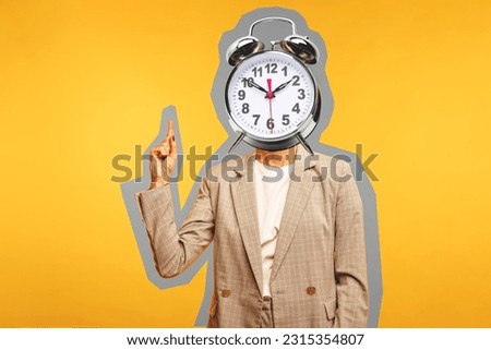 Contemporary Art Collage, Concept of time management. Businesswoman with an alarm clock instead of her head points her finger up