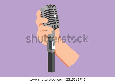 Character flat drawing hand holding a retro microphone over blue background. Rock music live concert with old microphone logo. Mic for sing a song at music festival. Cartoon design vector illustration