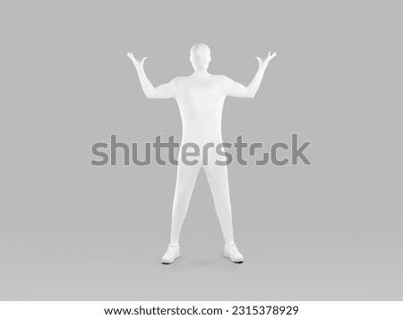 Faceless man in white body suit standing with raised hands. Full length portrait of mysterious person wearing full body spandex monochromatic costume posing with arms open wide on isolated background Royalty-Free Stock Photo #2315378929