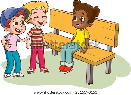 Cartoon boy and a girl talking to each other. Vector illustration.Happy multiethnic mixed age kids are sitting on a bench and chatting. Girl happily talking smiling and laughing. 