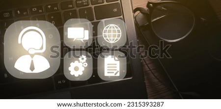 Desktop photo with customer service interface on top. Internet of things. Customer support hotline people connect. Feedback, business and finance concept.