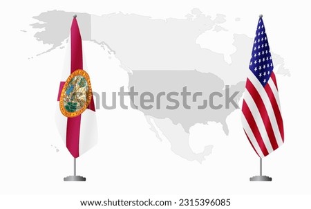Florida US and USA flags for official meeting against background of world map.