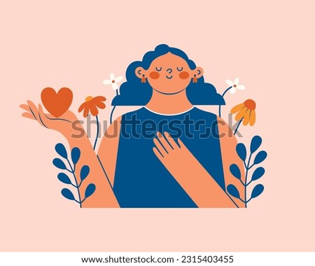 Clip art with young woman holding heart in hand and presses her hand to her chest. Cartoon comic girl with flowers, plants. Funny illustration for sticker, poster. Mental health support concept.