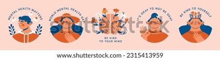 World Mental Health Day. Round clip arts, stickers, logo templates. Brain with flowers. Portraits of young women and man. Cartoon, contemporary style. Cute funny characters for banner, card, poster.
